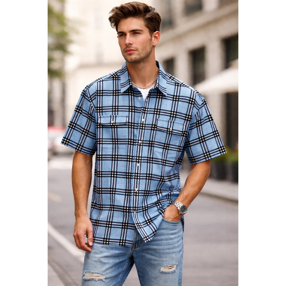 Boomx Mens Blue Plaid Short Sleeve Button Down Shirt Large Vintage/Y2K Casual